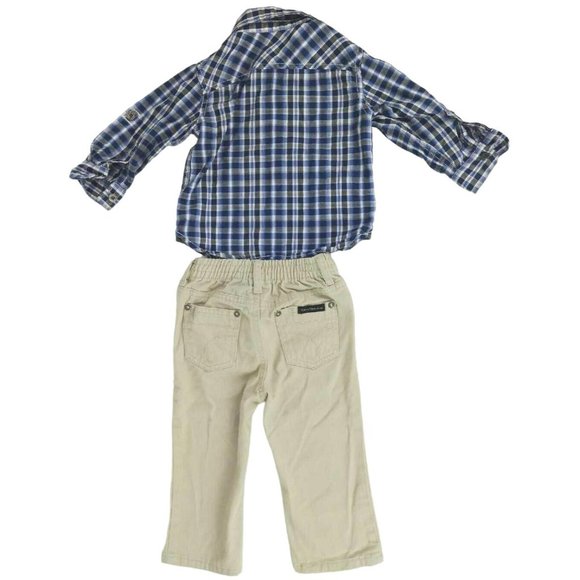 Calvin Klein Shirt Pants Set Button Front Blue Plaid Khaki 12M Infant Outfit - Picture 2 of 10